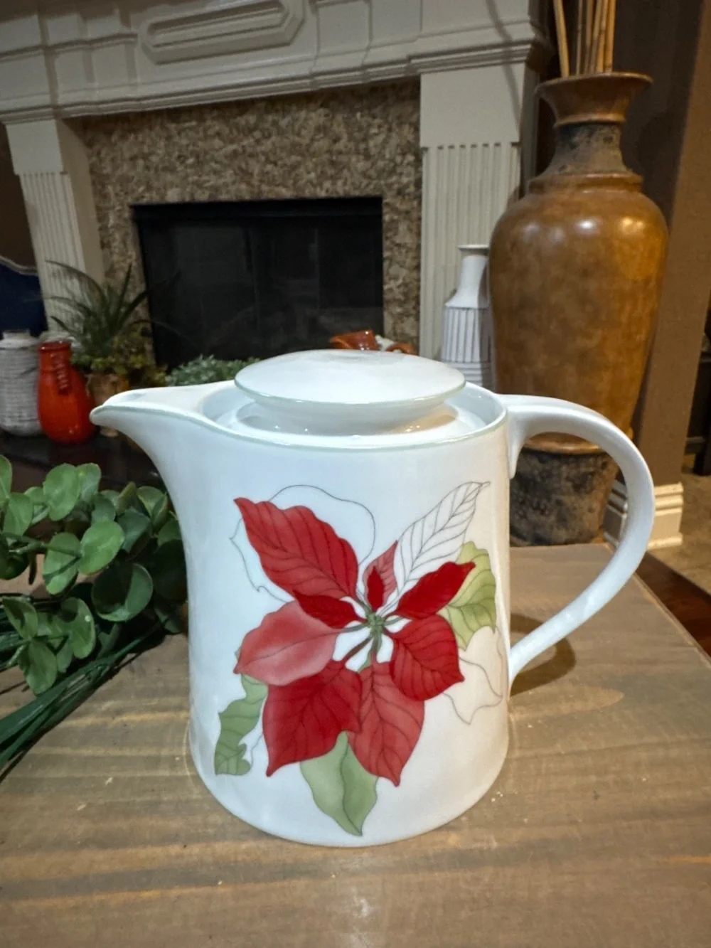 Vintage Block Spal Teapot Mary Lou Goertzen Hand Painted Poinsettia Watercolor